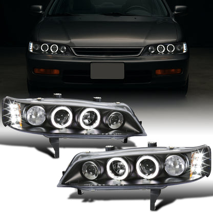 Ronnin - Compatible con Honda Accord Sedán Coupé 1994-1997 Mejora de Reemplazo Faros Delanteros Proyectores LED de Doble Aro (Par) | Negro