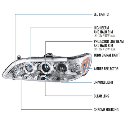 Ronnin - Compatible con Honda Accord Sedán Coupé 1998-2002, montaje de faros delanteros con proyector LED de doble aro y repuesto mejorado, par | Cromo