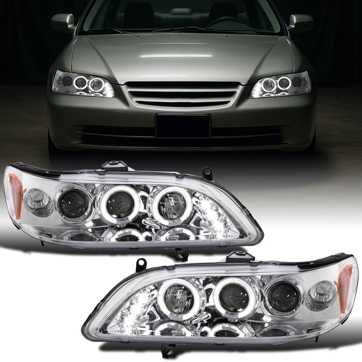 Ronnin - Compatible con Honda Accord Sedán Coupé 1998-2002, montaje de faros delanteros con proyector LED de doble aro y repuesto mejorado, par | Cromo