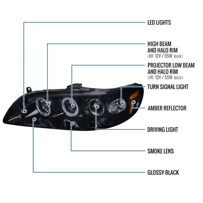 Ronnin - Fits 1998-2002 Honda Accord Sedan Coupe Upgrade Replacement LED Dual Rims Projector Headlights Assembly Pair | Black Smoke