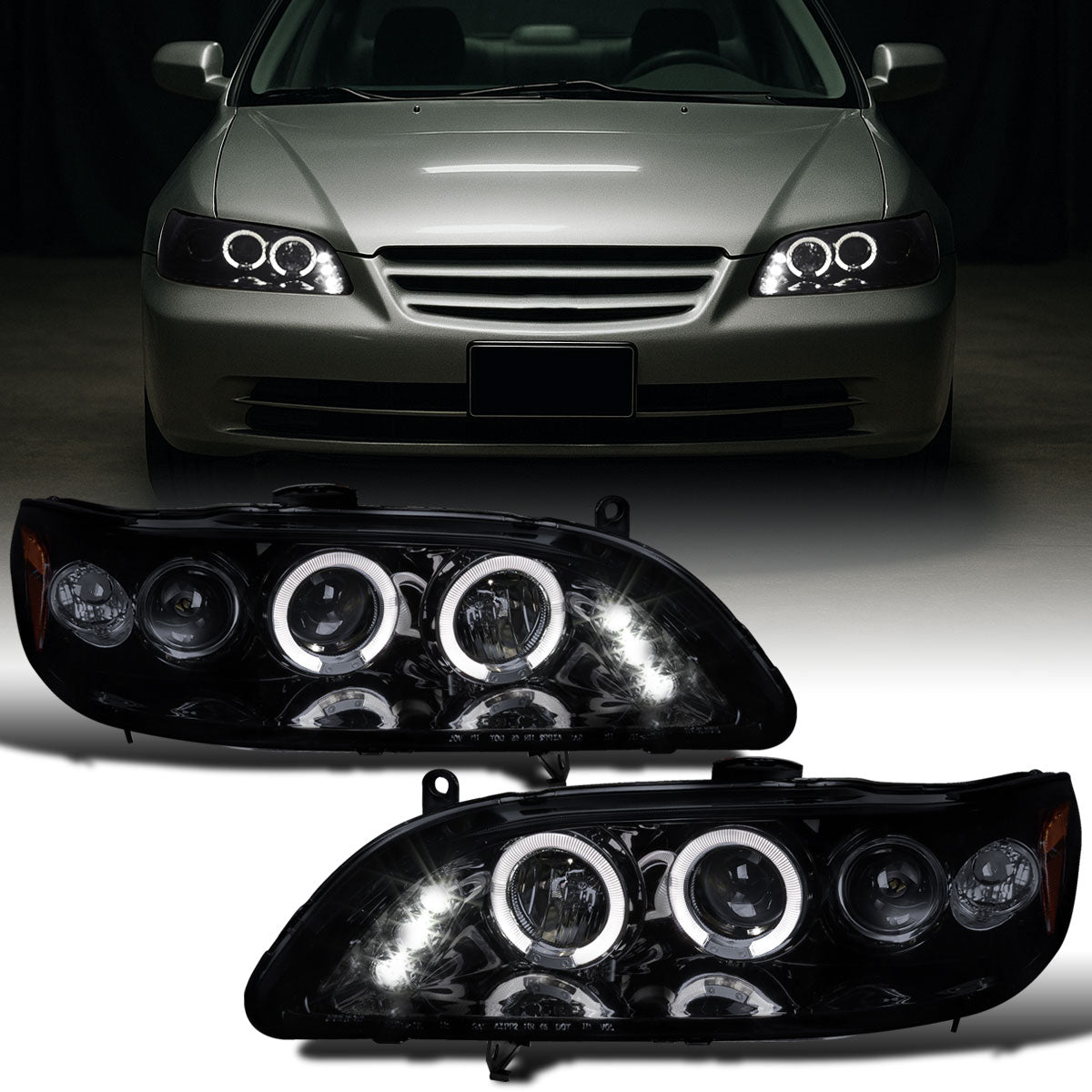 Ronnin - Fits 1998-2002 Honda Accord Sedan Coupe Upgrade Replacement LED Dual Rims Projector Headlights Assembly Pair | Black Smoke