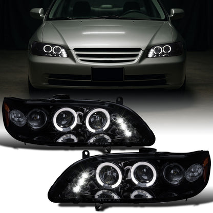 Ronnin - Fits 1998-2002 Honda Accord Sedan Coupe Upgrade Replacement LED Dual Rims Projector Headlights Assembly Pair | Black Smoke