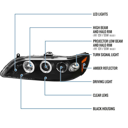 Ronnin - Fits 1998-2002 Honda Accord Sedan Coupe Upgrade Replacement LED Dual Rims Projector Headlights Assembly Pair | Black