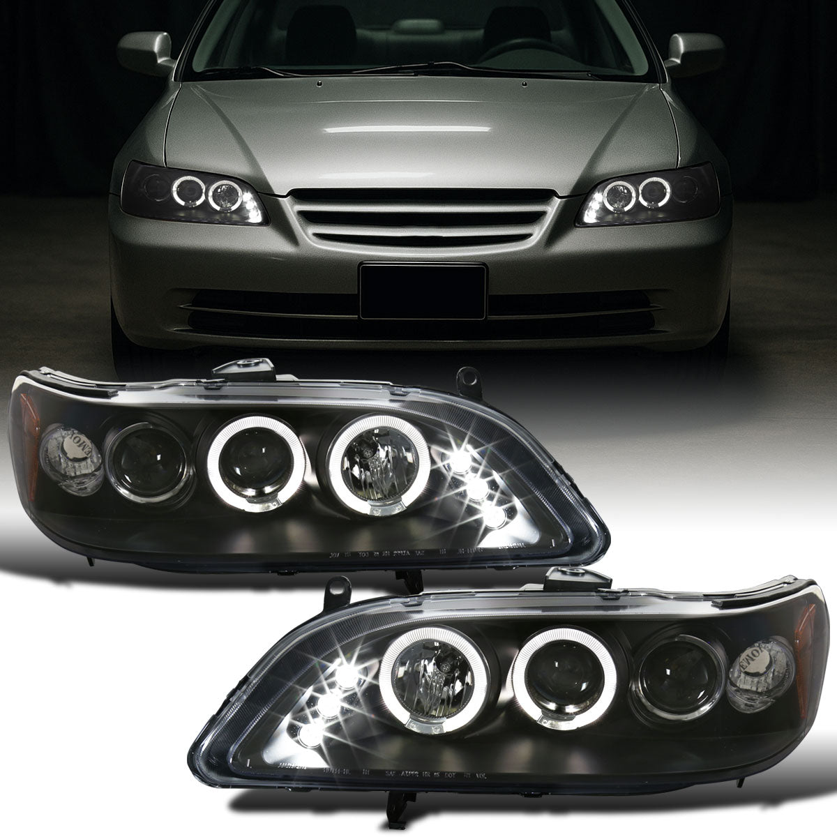 Ronnin - Fits 1998-2002 Honda Accord Sedan Coupe Upgrade Replacement LED Dual Rims Projector Headlights Assembly Pair | Black