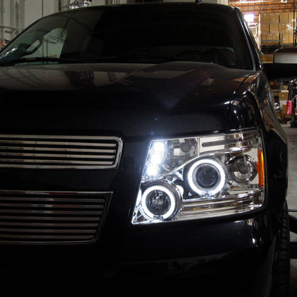 Ronnin - Compatible con Chevy Avalanche Tahoe Suburban 1500 2500 de 2007-2014 Faros delanteros proyectores LED con doble halo y luces de marcha en juego | Cromado