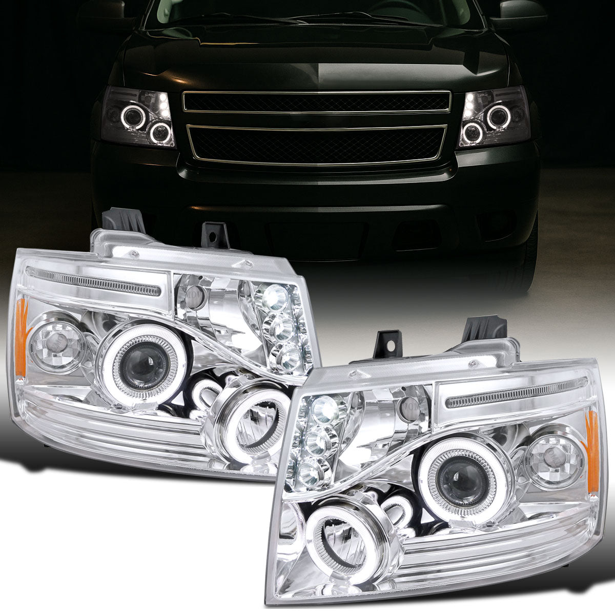 Ronnin - Compatible con Chevy Avalanche Tahoe Suburban 1500 2500 de 2007-2014 Faros delanteros proyectores LED con doble halo y luces de marcha en juego | Cromado