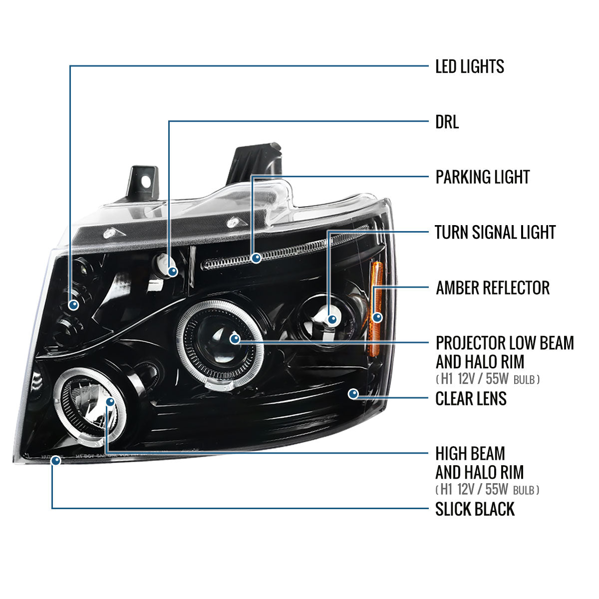 Ronnin - Se adapta a Chevy Avalanche Tahoe Suburban 1500 2500 2007-2014 Faros delanteros con proyector de luces de circulación LED de doble halo | Negro brillante
