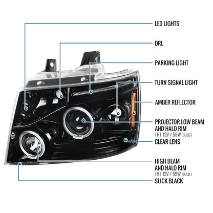 Ronnin - Se adapta a Chevy Avalanche Tahoe Suburban 1500 2500 2007-2014 Faros delanteros con proyector de luces de circulación LED de doble halo | Negro brillante