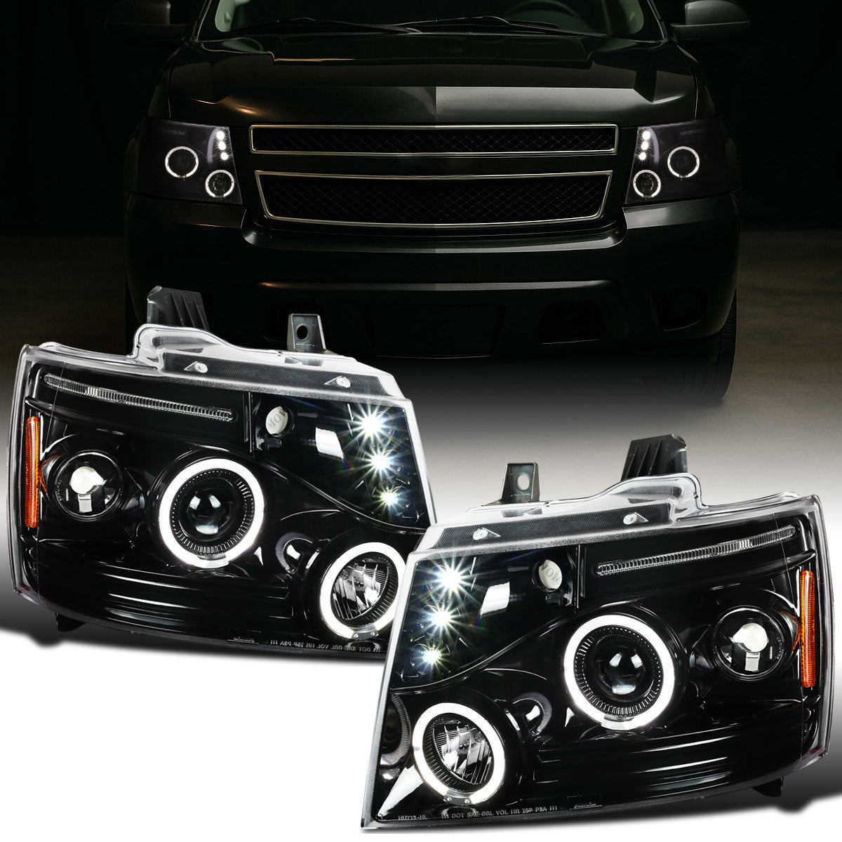 Ronnin - Se adapta a Chevy Avalanche Tahoe Suburban 1500 2500 2007-2014 Faros delanteros con proyector de luces de circulación LED de doble halo | Negro brillante
