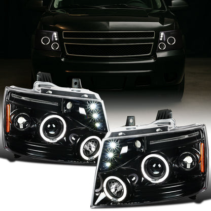 Ronnin - Se adapta a Chevy Avalanche Tahoe Suburban 1500 2500 2007-2014 Faros delanteros con proyector de luces de circulación LED de doble halo | Negro brillante
