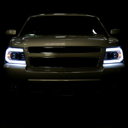 Ronnin - Fits 2007-2014 Chevy Avalanche Tahoe Suburban 1500 2500 Projector Headlights LED Dual Halo Rims Running Lights Assembly Pair | Gloss Black