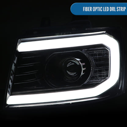 Ronnin - Fits 2007-2014 Chevy Avalanche Tahoe Suburban 1500 2500 Projector Headlights LED Dual Halo Rims Running Lights Assembly Pair | Gloss Black