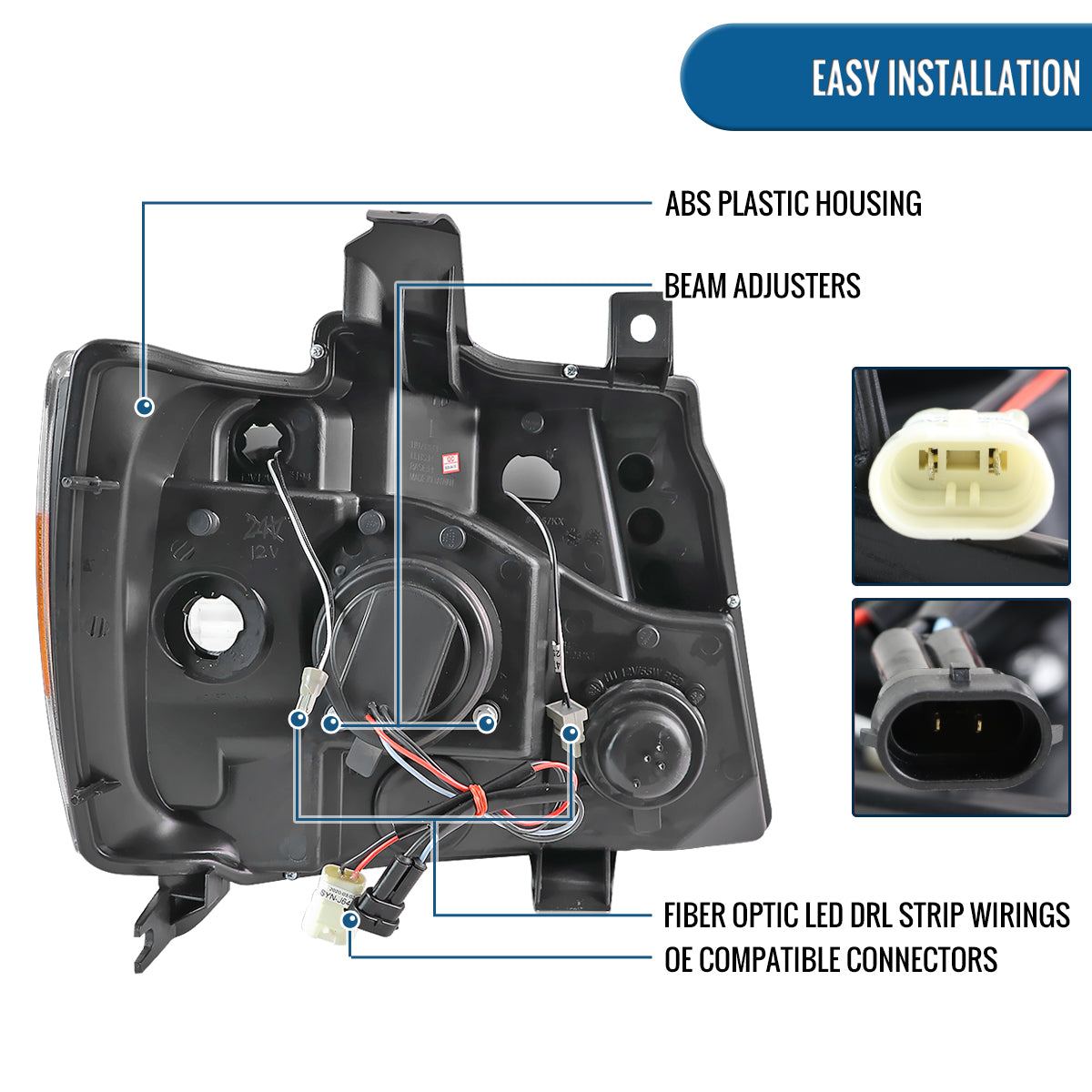 Ronnin - Fits 2007-2013 Chevy Avalanche 2007-2014 Tahoe Suburban 1500 2500 Upgraded Replacement Projector Headlights LED Tube Driving Lights Assembly Pair | Gloss Black
