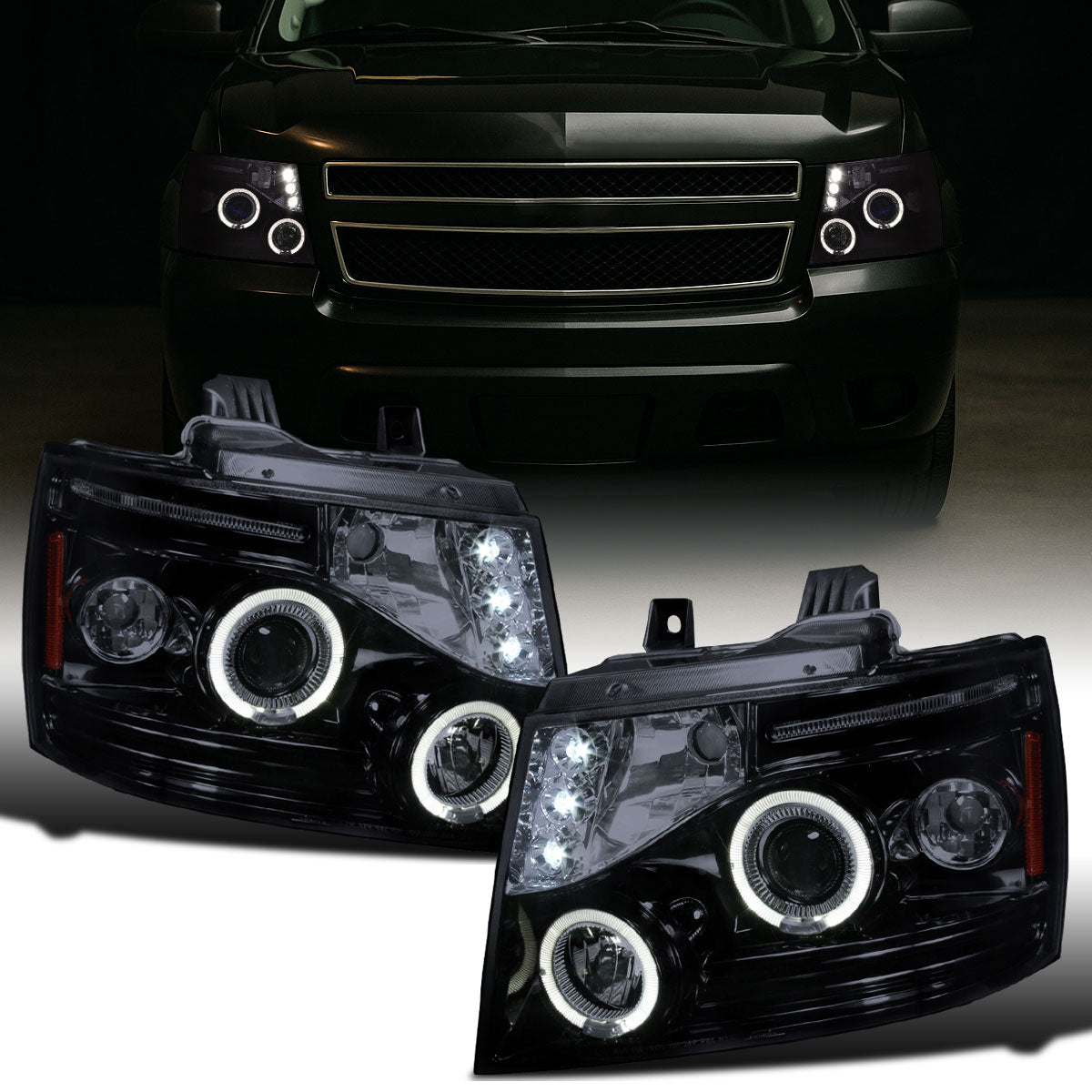 Ronnin - Se adapta a Chevy Avalanche Tahoe Suburban 1500 2500 2007-2014 Faros delanteros con proyector LED de doble aro de halo y luces de circulación diurna, par | Negro humo