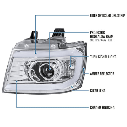 Ronnin - Fits 2007-2013 Chevy Avalanche 2007-2014 Tahoe Suburban 1500 2500 Upgraded Replacement Projector Headlights LED Tube Driving Lights Assembly Pair | Chrome