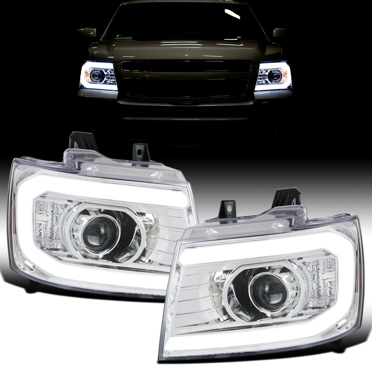 Ronnin - Fits 2007-2013 Chevy Avalanche 2007-2014 Tahoe Suburban 1500 2500 Upgraded Replacement Projector Headlights LED Tube Driving Lights Assembly Pair | Chrome