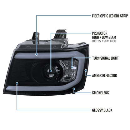 Ronnin - Fits 2007-2013 Chevy Avalanche 2007-2014 Tahoe Suburban 1500 2500 Upgraded Replacement Projector Headlights LED Tube Driving Lights Assembly Pair | Black Smoke
