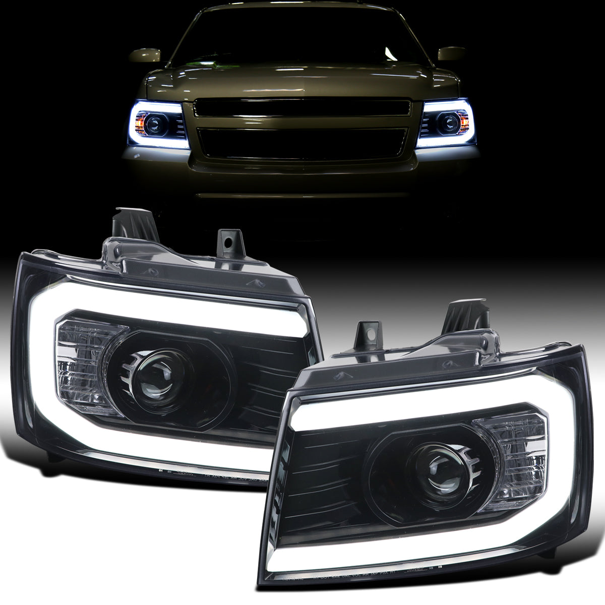 Ronnin - Fits 2007-2013 Chevy Avalanche 2007-2014 Tahoe Suburban 1500 2500 Upgraded Replacement Projector Headlights LED Tube Driving Lights Assembly Pair | Black Smoke