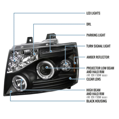 Ronnin - Compatible con Chevy Avalanche Tahoe Suburban 1500 2500 de 2007-2014 Faros delanteros proyectores LED de doble halo y luces de marcha. Par | Negros