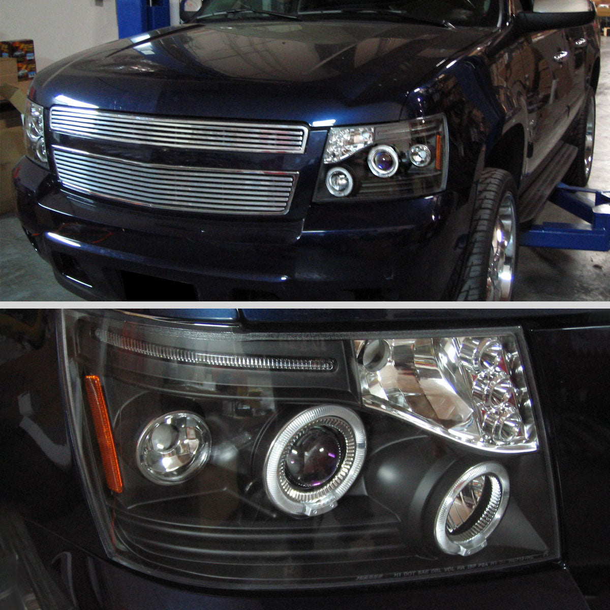 Ronnin - Compatible con Chevy Avalanche Tahoe Suburban 1500 2500 de 2007-2014 Faros delanteros proyectores LED de doble halo y luces de marcha. Par | Negros