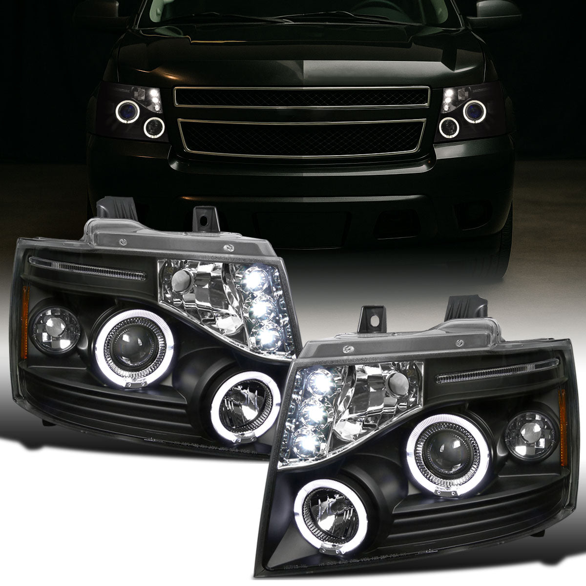 Ronnin - Compatible con Chevy Avalanche Tahoe Suburban 1500 2500 de 2007-2014 Faros delanteros proyectores LED de doble halo y luces de marcha. Par | Negros