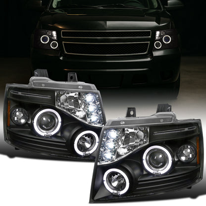 Ronnin - Compatible con Chevy Avalanche Tahoe Suburban 1500 2500 de 2007-2014 Faros delanteros proyectores LED de doble halo y luces de marcha. Par | Negros