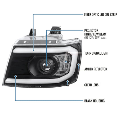 Ronnin - Fits 2007-2013 Chevy Avalanche 2007-2014 Tahoe Suburban 1500 2500 Upgraded Replacement Projector Headlights LED Tube Driving Lights Assembly Pair | Black