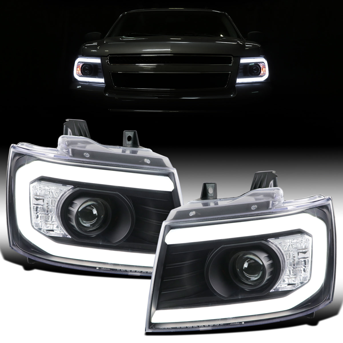 Ronnin - Fits 2007-2013 Chevy Avalanche 2007-2014 Tahoe Suburban 1500 2500 Upgraded Replacement Projector Headlights LED Tube Driving Lights Assembly Pair | Black