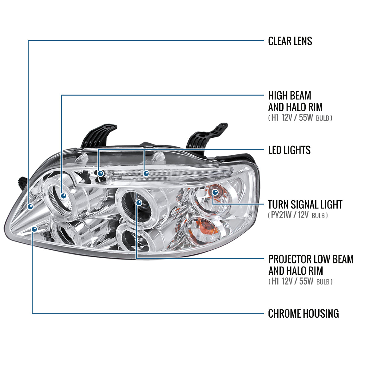 Ronnin - Compatible con Chevy Aveo Sedán Hatchback 2004-2008 Par de faros delanteros con proyector LED de doble aro de repuesto | Cromado