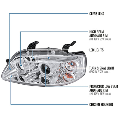 Ronnin - Compatible con Chevy Aveo Sedán Hatchback 2004-2008 Par de faros delanteros con proyector LED de doble aro de repuesto | Cromado