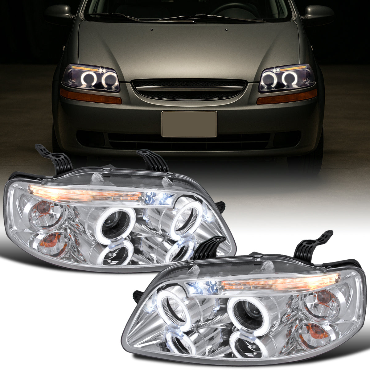 Ronnin - Compatible con Chevy Aveo Sedán Hatchback 2004-2008 Par de faros delanteros con proyector LED de doble aro de repuesto | Cromado