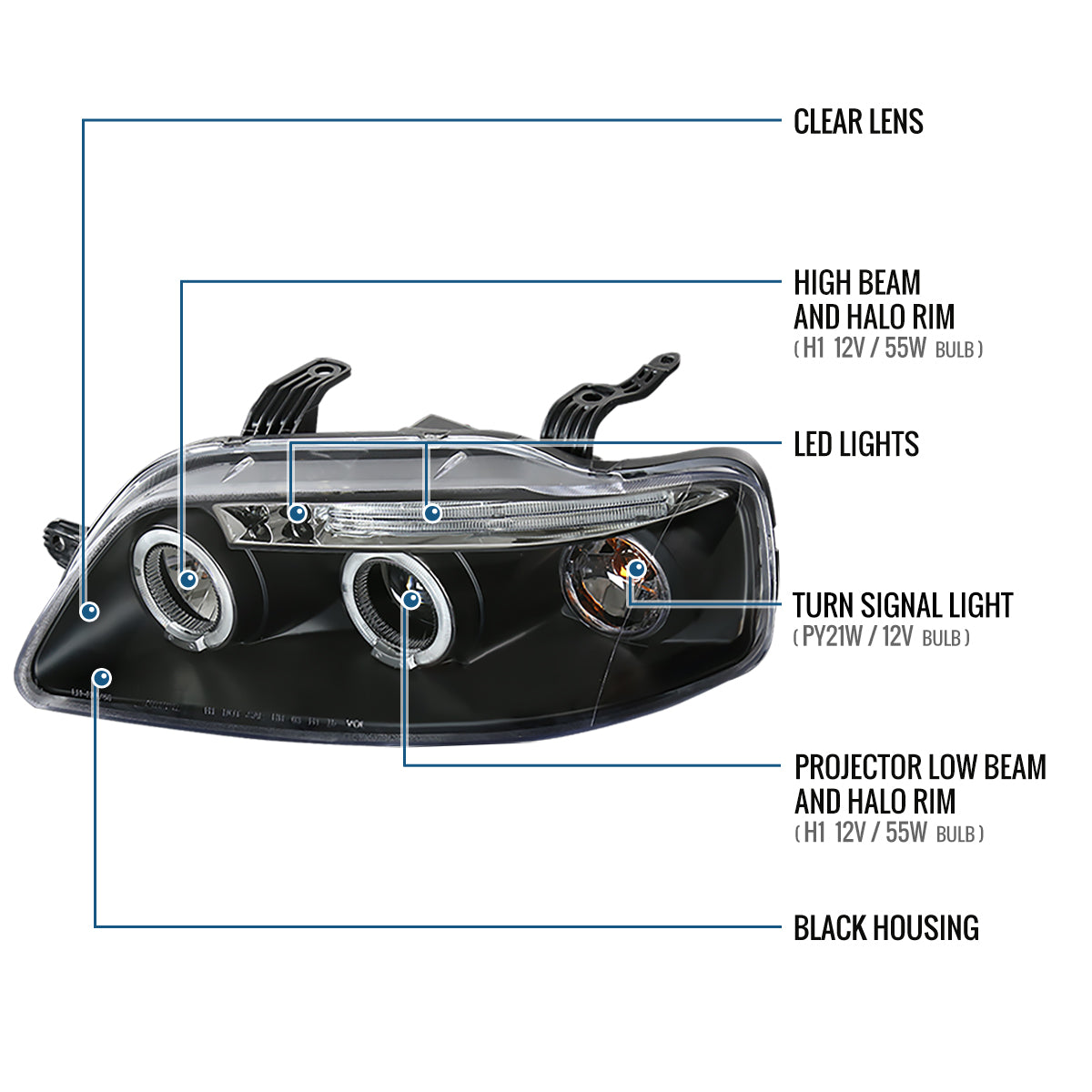 Ronnin - Compatible con Chevy Aveo Sedán Hatchback 2004-2008 Par de Reemplazo de Faros Delanteros con Proyector LED de Doble Aro | Negro