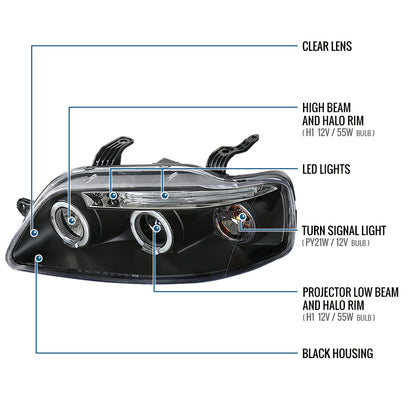 Ronnin - Compatible con Chevy Aveo Sedán Hatchback 2004-2008 Par de Reemplazo de Faros Delanteros con Proyector LED de Doble Aro | Negro