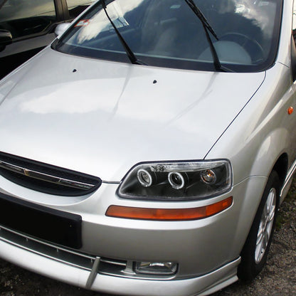 Ronnin - Compatible con Chevy Aveo Sedán Hatchback 2004-2008 Par de Reemplazo de Faros Delanteros con Proyector LED de Doble Aro | Negro