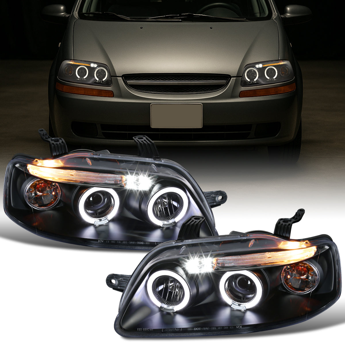 Ronnin - Compatible con Chevy Aveo Sedán Hatchback 2004-2008 Par de Reemplazo de Faros Delanteros con Proyector LED de Doble Aro | Negro