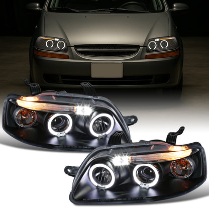Ronnin - Compatible con Chevy Aveo Sedán Hatchback 2004-2008 Par de Reemplazo de Faros Delanteros con Proyector LED de Doble Aro | Negro