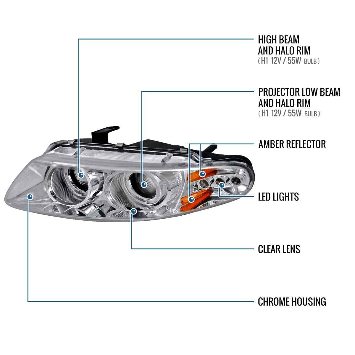 Ronnin - Faros delanteros con proyector LED de doble aro, repuesto de mejora para Dodge Avenger Sebring 1997-2000, par | Cromado