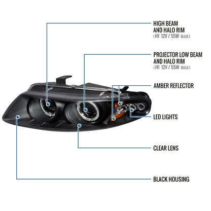 Ronnin - Se adapta a Dodge Avenger Sebring de 1997-2000, par de faros delanteros con proyector LED de doble aro, repuesto mejorado | Negro