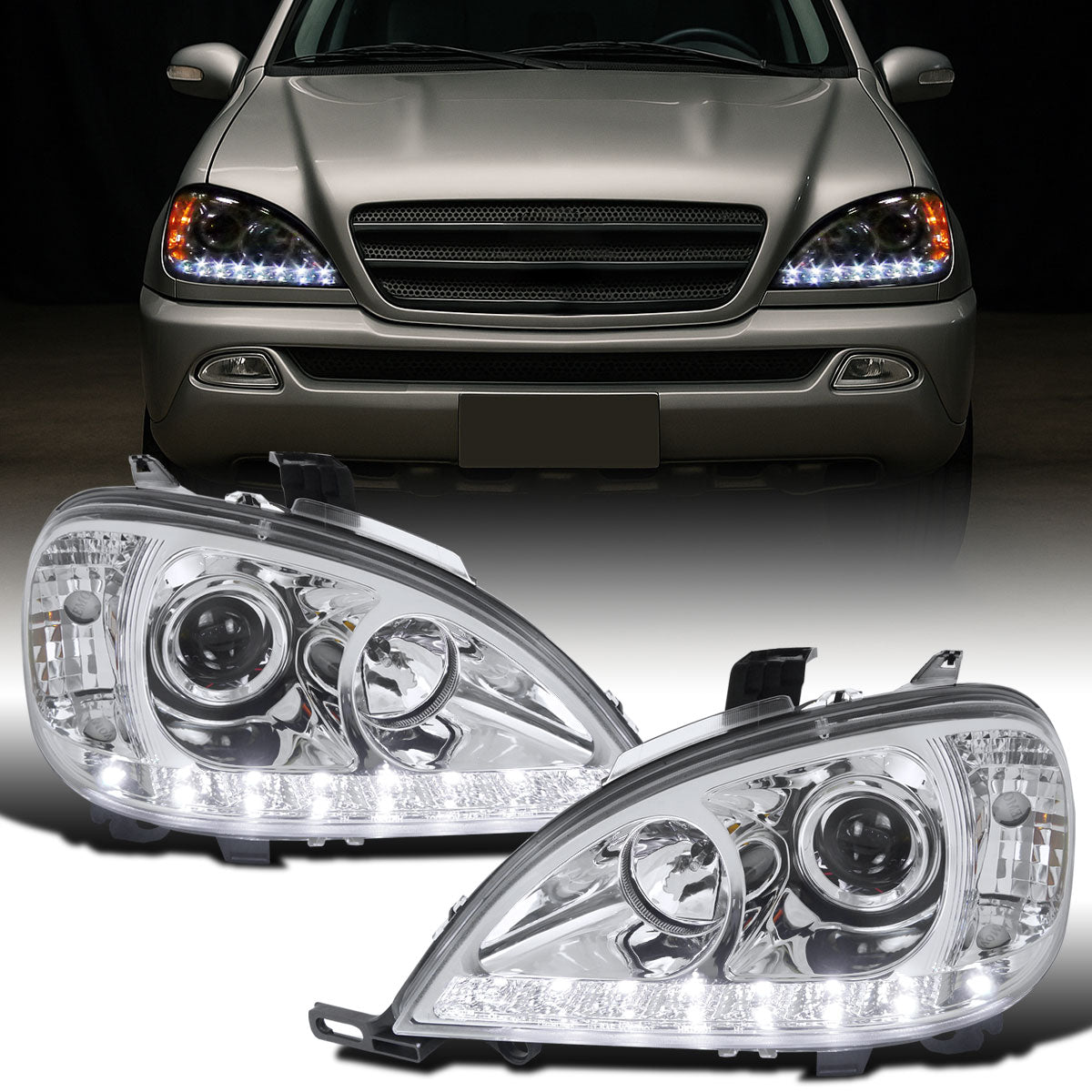 Ronnin - Se adapta a Mercedes-Benz W163 ML320 ML350 ML500 de 2002-2005, faros delanteros con proyector halógeno y luces de circulación LED (par) | Cromado