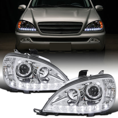 Ronnin - Se adapta a Mercedes-Benz W163 ML320 ML350 ML500 de 2002-2005, faros delanteros con proyector halógeno y luces de circulación LED (par) | Cromado