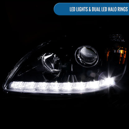 Ronnin - Faros delanteros con proyector halógeno y luces de circulación diurna LED aptos para Mercedes-Benz W163 ML320 ML350 ML500 de 2002-2005, especificación estadounidense | Par ahumado negro