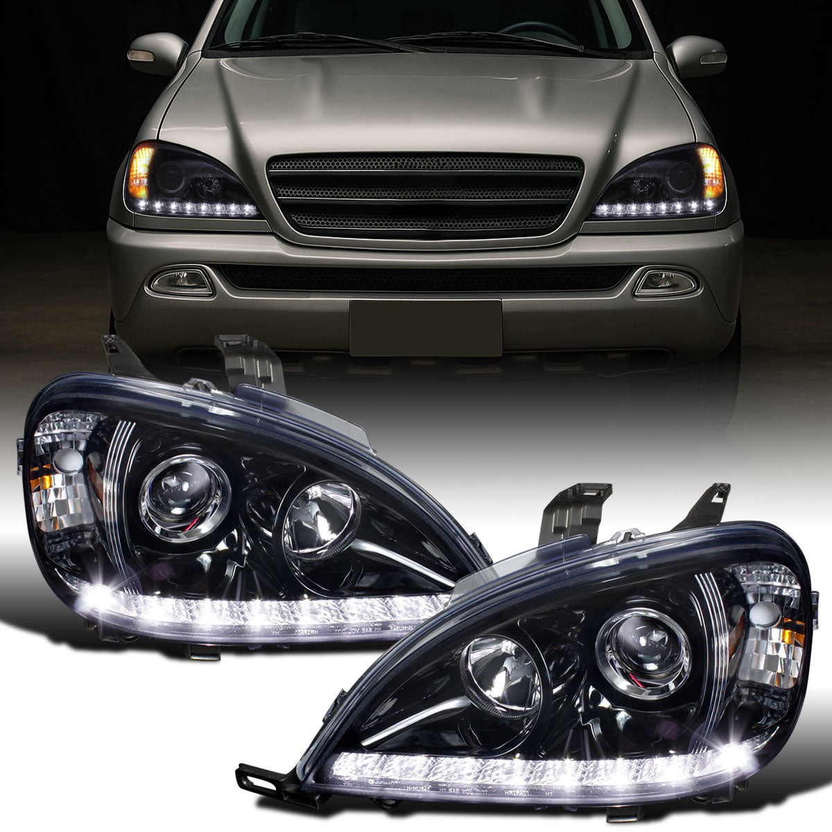 Ronnin - Faros delanteros con proyector halógeno y luces de circulación diurna LED aptos para Mercedes-Benz W163 ML320 ML350 ML500 de 2002-2005, especificación estadounidense | Par ahumado negro