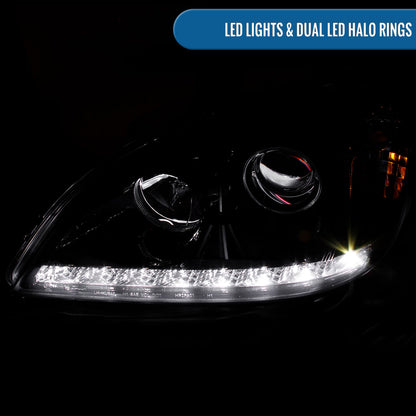 Ronnin - Se adapta a 2002-2005 Mercedes-Benz W163 ML320 ML350 ML500 Luces de circulación diurna LED con especificaciones de EE. UU. Conjunto de faros delanteros con proyector halógeno Par | Negro