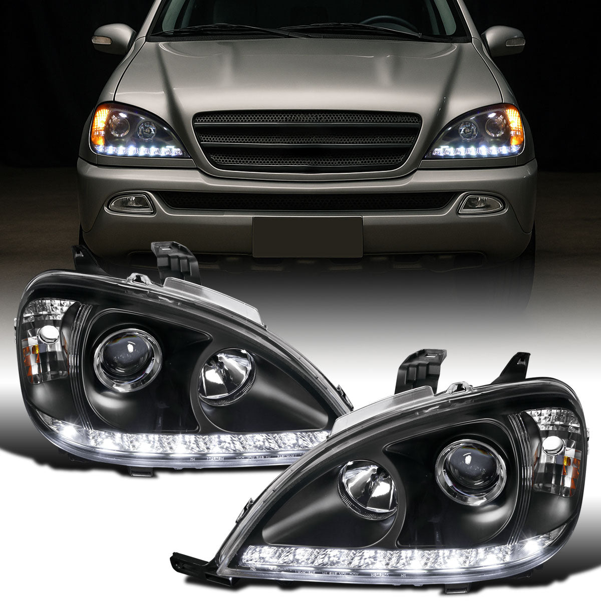 Ronnin - Se adapta a 2002-2005 Mercedes-Benz W163 ML320 ML350 ML500 Luces de circulación diurna LED con especificaciones de EE. UU. Conjunto de faros delanteros con proyector halógeno Par | Negro