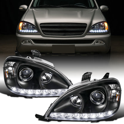 Ronnin - Se adapta a 2002-2005 Mercedes-Benz W163 ML320 ML350 ML500 Luces de circulación diurna LED con especificaciones de EE. UU. Conjunto de faros delanteros con proyector halógeno Par | Negro