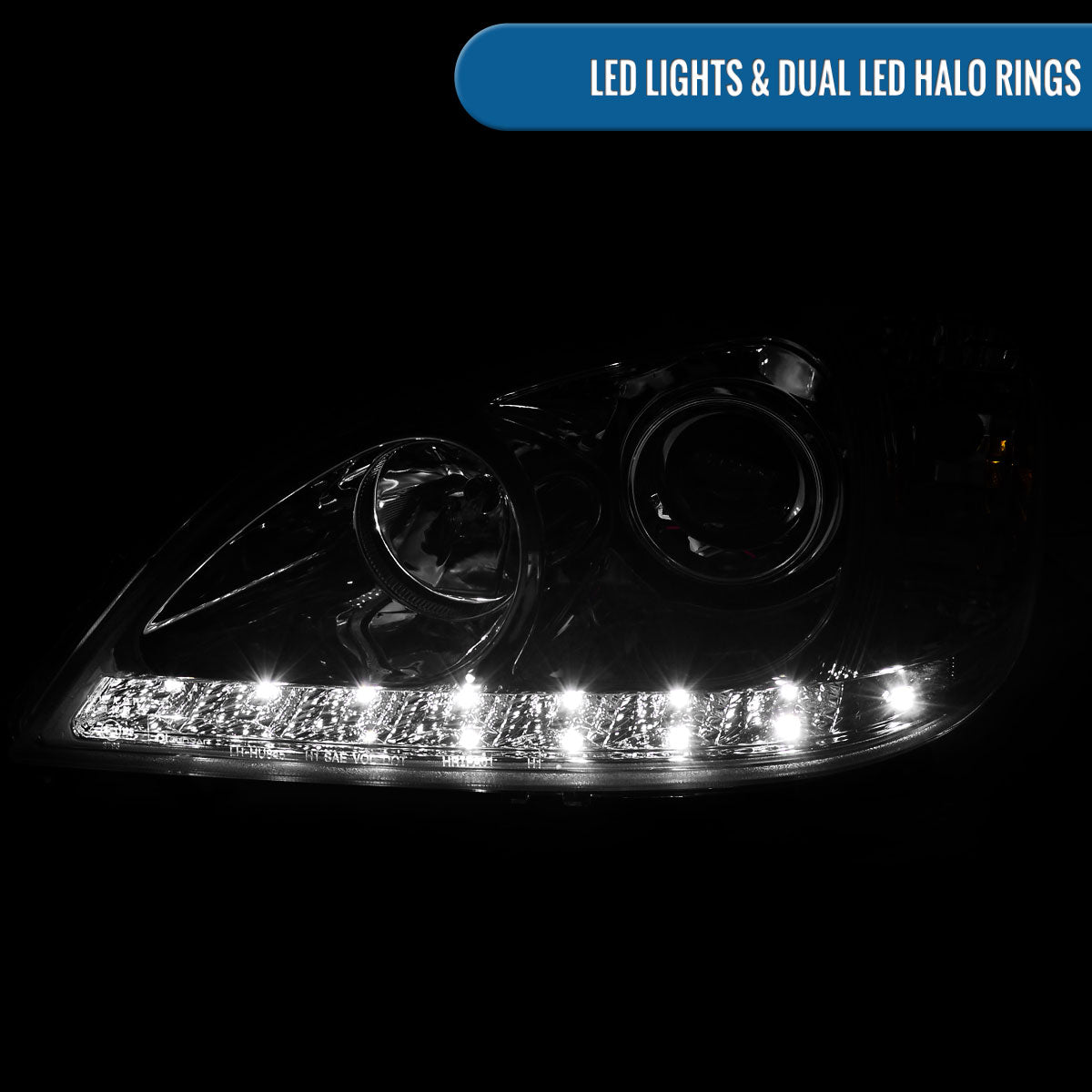 1998-2001 Mercedes-Benz US Spec ML320 ML430 Upgraded Replacement LED Running Lights Halogen Projector Headlights Assembly Pair | Chrome