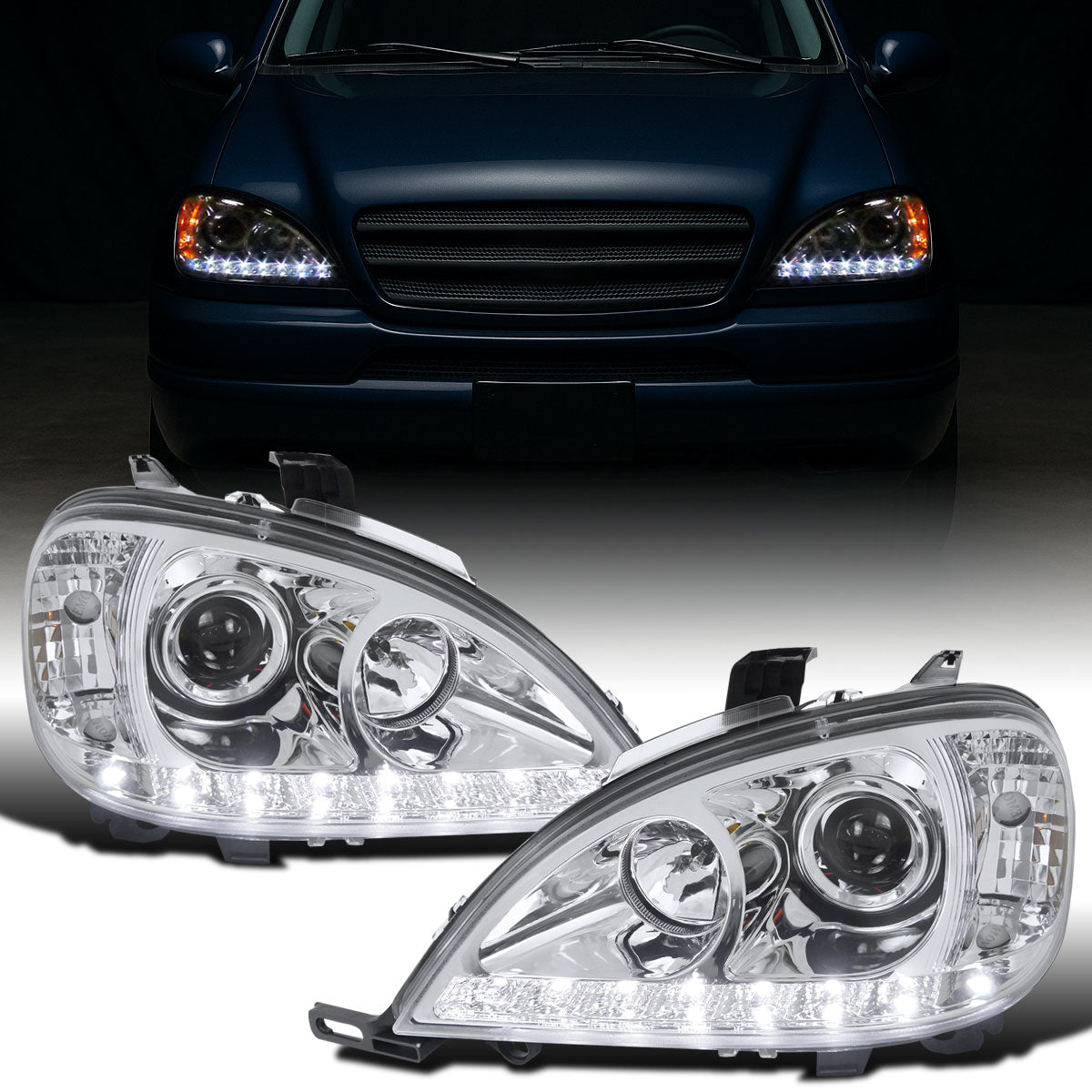 1998-2001 Mercedes-Benz US Spec ML320 ML430 Upgraded Replacement LED Running Lights Halogen Projector Headlights Assembly Pair | Chrome