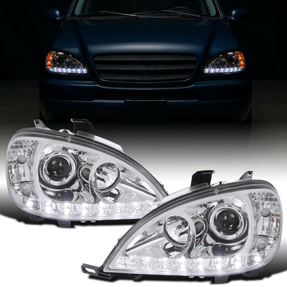 1998-2001 Mercedes-Benz US Spec ML320 ML430 Upgraded Replacement LED Running Lights Halogen Projector Headlights Assembly Pair | Chrome