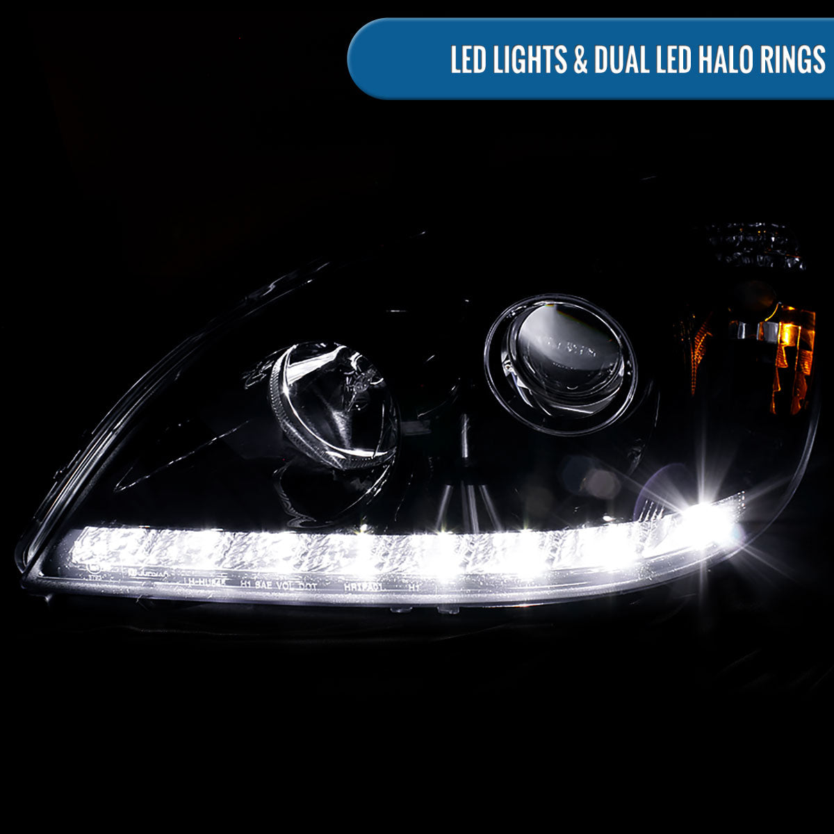 Ronnin - Se adapta a Mercedes-Benz ML320 ML430 de especificaciones estadounidenses de 1998-2001, par de faros delanteros con proyector halógeno y luces LED de circulación diurna de repuesto mejoradas | Negro ahumado
