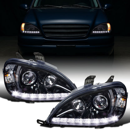 Ronnin - Se adapta a Mercedes-Benz ML320 ML430 de especificaciones estadounidenses de 1998-2001, par de faros delanteros con proyector halógeno y luces LED de circulación diurna de repuesto mejoradas | Negro ahumado